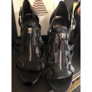 Paprika Silver Zipper Black Faux Leather Heels